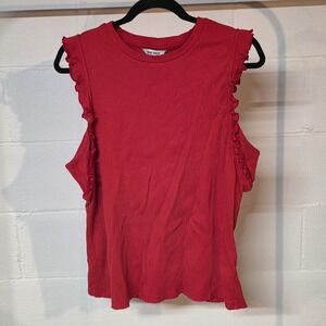 Nine West Womens XXL Red Ribbed Sleeveless Top Ruffle Trim Crew Neck Knit Preppy